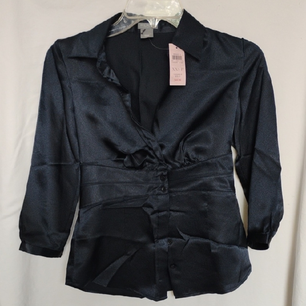 NWT- Ann Taylor Dark Blue Satin Button-Up Blouse